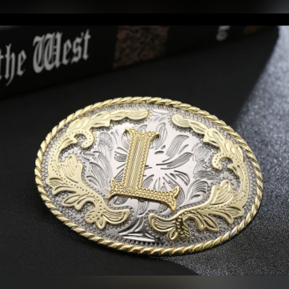 Western Cowboy Initial “L” Belt Buckle Gold-Silver Tone Engraved, T1B5F